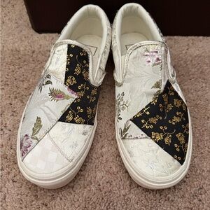 Vans White Slip-On Sneakers with Black & Gold Floral Patchwork